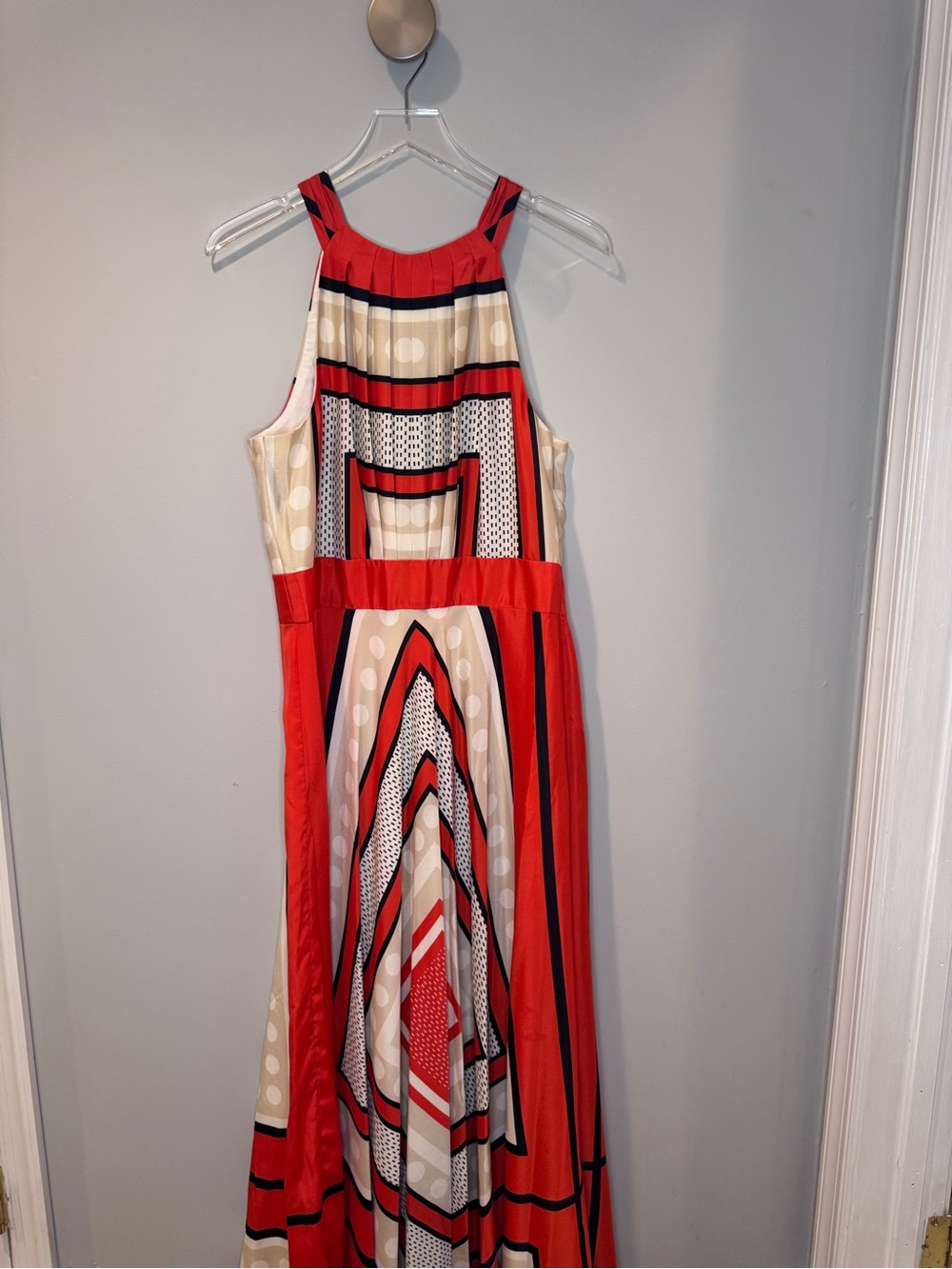 Eliza J Crepe de Chine Red-Orange Geometric Scarf Print Maxi Dress